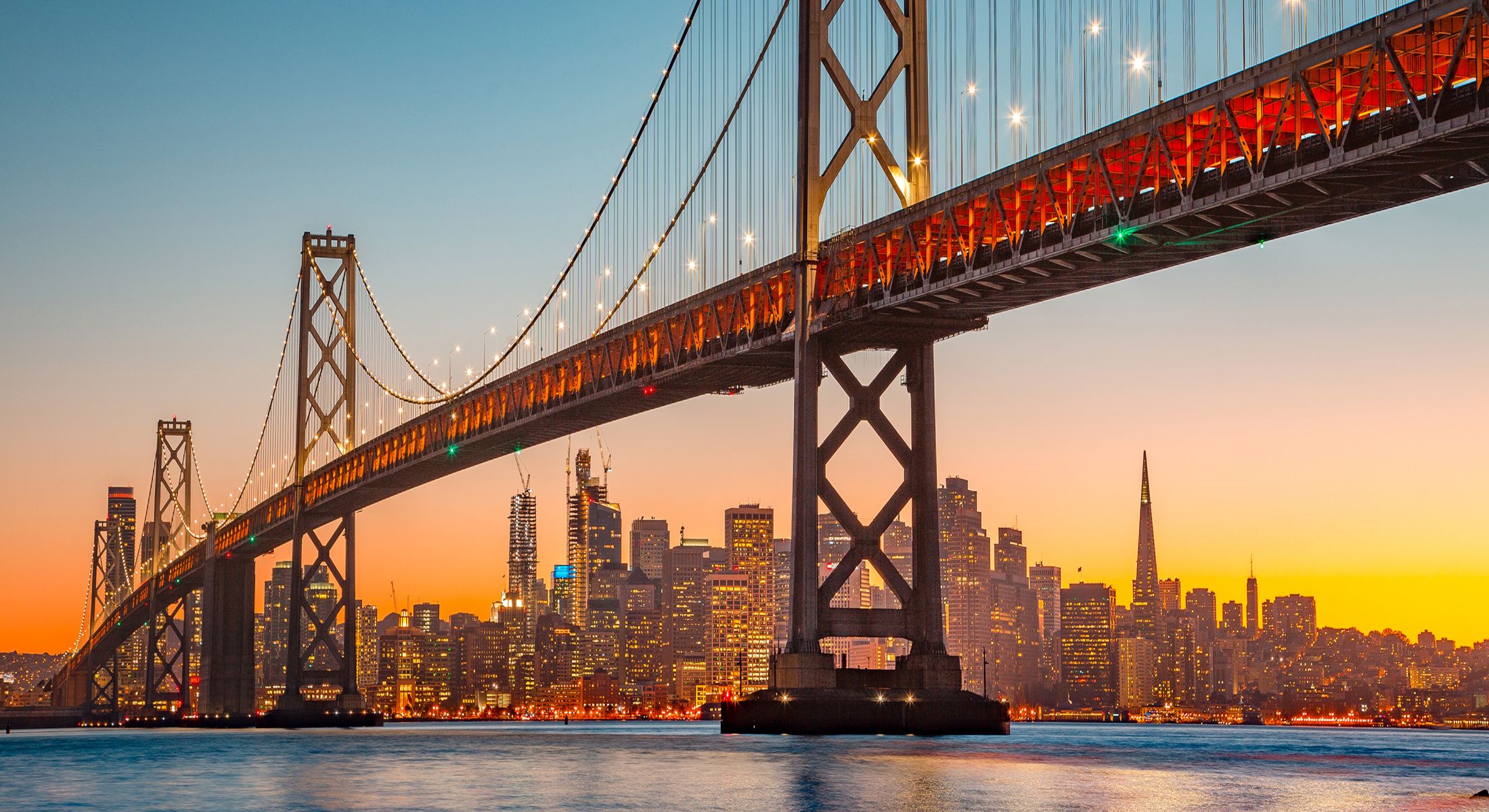 bridge with city skyline in the background